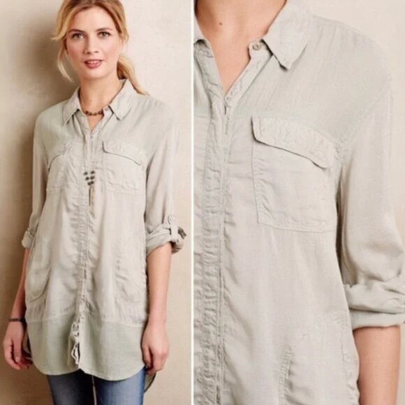 HOLDING HORSES ANTHROPOLOGIE Sunwashed Tunic Top Green Long Sleeve Button Down - Picture 3 of 11